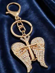 Cross Wings Diamond Keychain, Fashionable Alloy Keychain, Cross with Sparkling Wings, Vintage Hip Hop Religious Style, Perfect Gift for Women