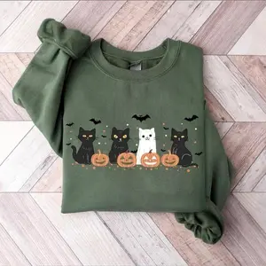 Halloween Cat Shirt, Ghost Cat Sweatshirt, Black Cat Tee, Retro Spooky Season T-Shirt, 90s Cat Witch Vintage Tee, Halloween Cat Lovers Gift Sweaters