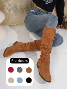 Women's Knee-High Boots Spring & Fall New Vintage Wrinkled High-Top Denim Riding Boots, Fashionable Flannel Upper, PVC Leather Sole, Footwear