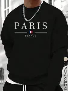 Men's Long Sleeve Thick Paris Letter Print Casual Fitted Round Neck Pullover Sweatshirt for Fall & Winter, Trendy Streetwear