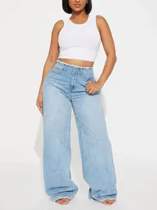In Your Dreams Cut Off Waistband Baggy Jean - Medium Wash