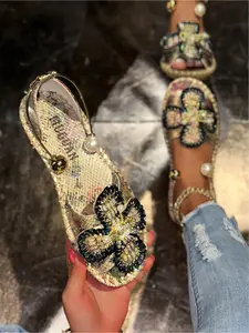 Bohemian Hand Beaded Butterfly Flat Sandals Floral Two Way Slides Vacation Style Jute Sole Women Shoes