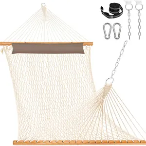 12FT Double Rope , 2 Person Hand Woven  Hammock with Pillow and Spreader Bar for Outside, Patio, Poolside, FIT 13-15 Ft Stand, Max 450 Lbs, , 141 x 57 inches