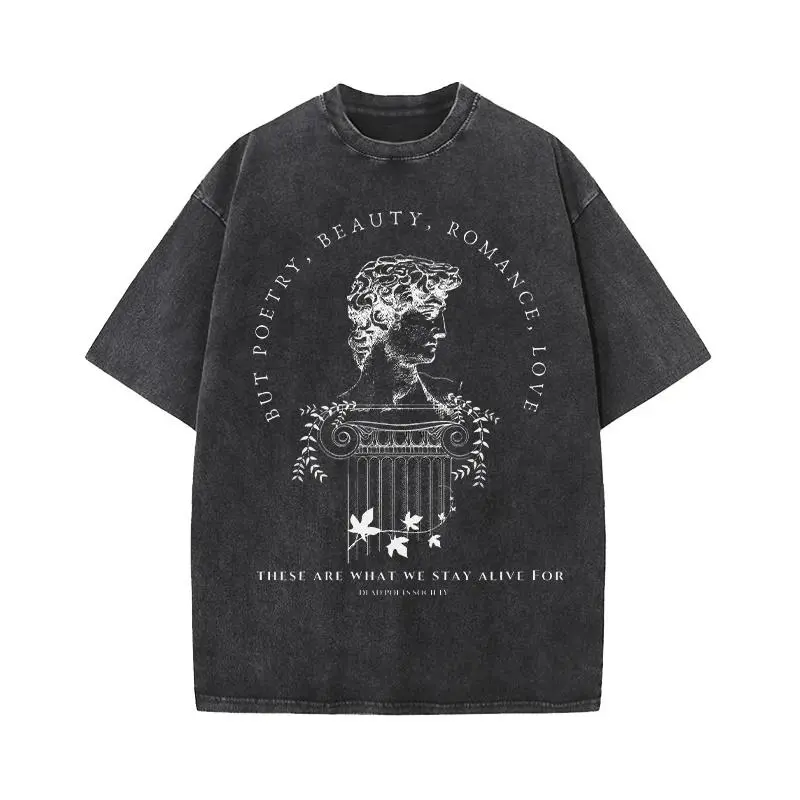 Men's Vintage Round Neck Distressed Washed Dead Poets Society "The Things That We Stay Alive For" Graphic Short-Sleeve Tshirt, Streetwear Casual Figure-Flattering Everyday Top