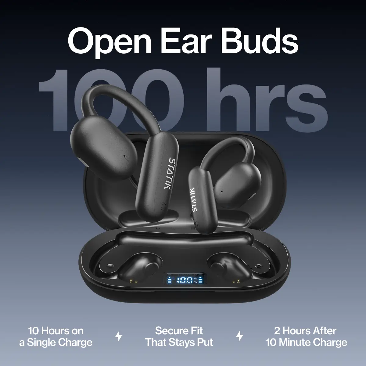 STATIK Aktive Open-Ear Buds: Bluetooth Earbuds | Clip-On Comfort | IPX5 Sweat & Water Resistant | Built-In Mics for Calls | Up to 5Hrs Per Charge + Charging Case | For Running, Workouts & Work