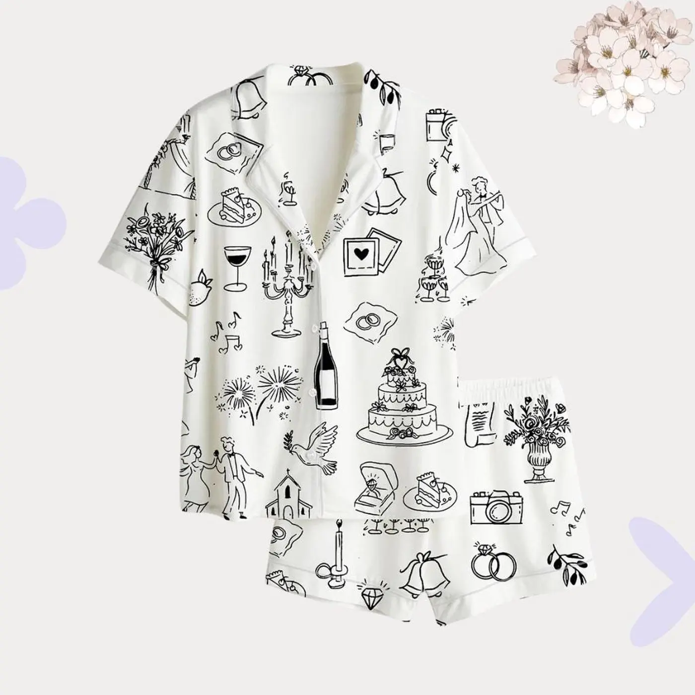 Women’s Wedding Pajamas, Romantic Line Art Sleepwear, Button Up Lounge Set, Gift for Bride