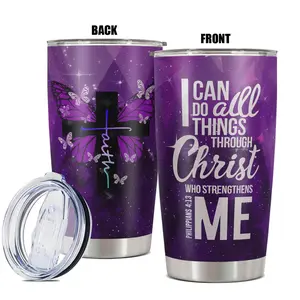20oz Tumbler with Lid, 1 Count Cross & Butterfly Stainless Steel Water Bottle, Insulated and Durable, Gift for Any Occasion for Christians, Friends, Coworkers