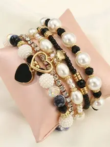 5-Piece Handmade Beaded Pearl and Rhinestone Bracelets, Bohemian Heart Charm for Women, Perfect for Everyday and Festive Wear, Stackable Bracelets, Beaded Bracelet Set, Boho Style Bracelet