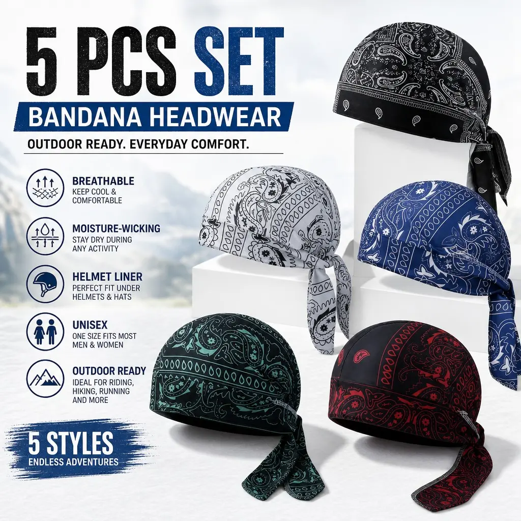 5pcs Bandana Hat Set - Cooling Cover, Safety Helmet Liner - Motorcycle Pirate Bandana, Cycling Sports Head Wrap, Unisex Bandana Hat, Versatile Headwear, Multifunctional Headwear, Breathable Design, Moisture Wicking Headwear