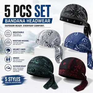 5pcs Bandana Hat Set - Cooling Cover, Safety Helmet Liner - Motorcycle Pirate Bandana, Cycling Sports Head Wrap, Unisex Bandana Hat, Outdoor Activities, Versatile Headwear, Breathable Design,  Bohemian Style, Pirate Fashion, Sweatwicking Material, Versati