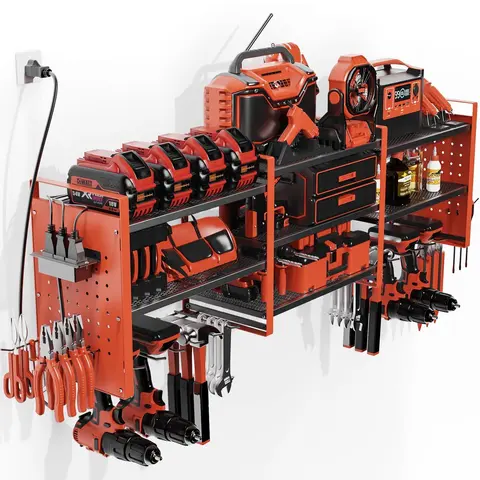 Power Tool Organizer with Charging Station Wall Mount 3 Layer Expanded Heavy Duty Garage Organization 48.8 Inch Length 4 Drill Slots 16 Standard Hole