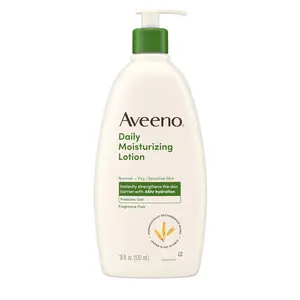 Aveeno Daily Moisturizing Body Lotion for Normal to Dry Skin, Moisturizer with Soothing Prebiotic Oat, Non Greasy, Non Comedogenic, Fragrance Free Body Lotion for Women & Men, 18 Fl Oz