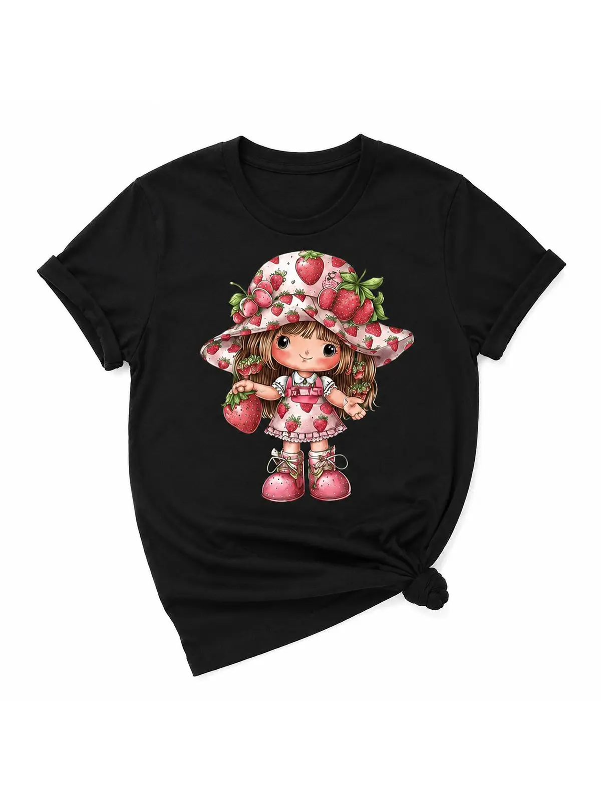 Premium Soft Cotton Unisex Strawberry Cute Doll Crew Neck Graphic Tee  Birthday Gift  Fit Aesthetic Shortsleeve Womenswear Beach Top Breathable compression shirts