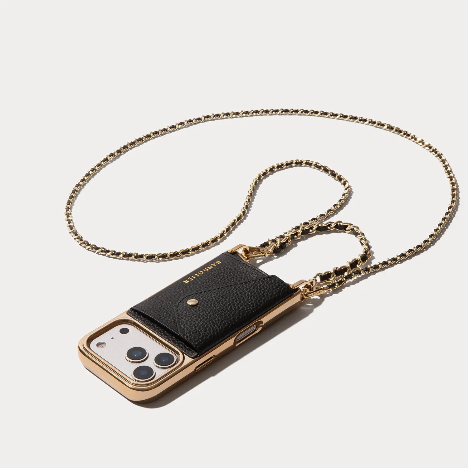 Lily Chrome Side Slot Leather Crossbody Bandolier Set - Black Chrome/Gold