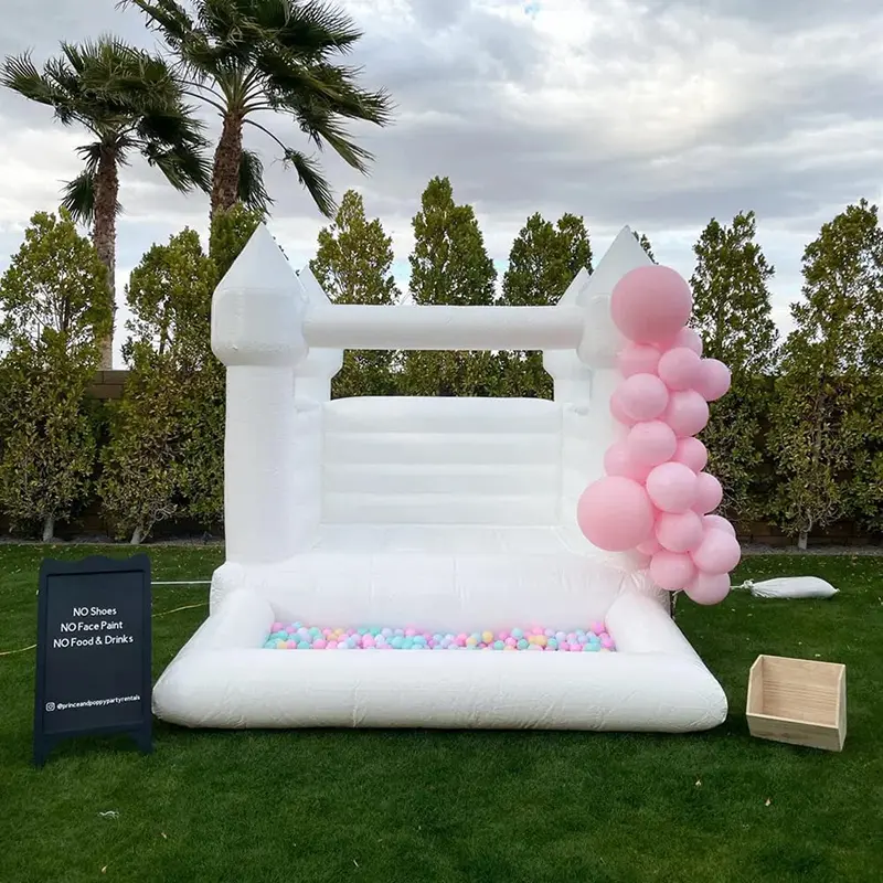 Inflatable PVC White Bounce House Castle with Ball Pit Inflatable Bouncy Castle Jumping Bed for Birthday Party Wedding Event Commercial Rental Equipment 10.5ft x 8.2ft x 7.87ft