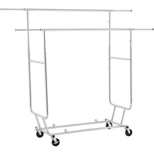 Clothing Rack with Wheels, Heavy Duty Garment Rack, Double Rod Clothes Rack for Laundry, Commercial Coat Rack, Silver Chormed