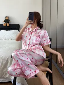 Spring Summer New Valentine's Day Print Women's Pajama Set, Silk Fabric Breathable Comfort, Indoor Outdoor Wear, Casual Homewear Two-Piece