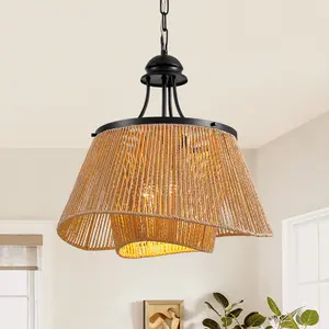 17.7" Rattan Chandelier Light Fixtures 4-Lights Boho Pendant Dimmable with Fabric Shade Adjustable Woven Chandelier for Dining Room Kitchen Island Living Room