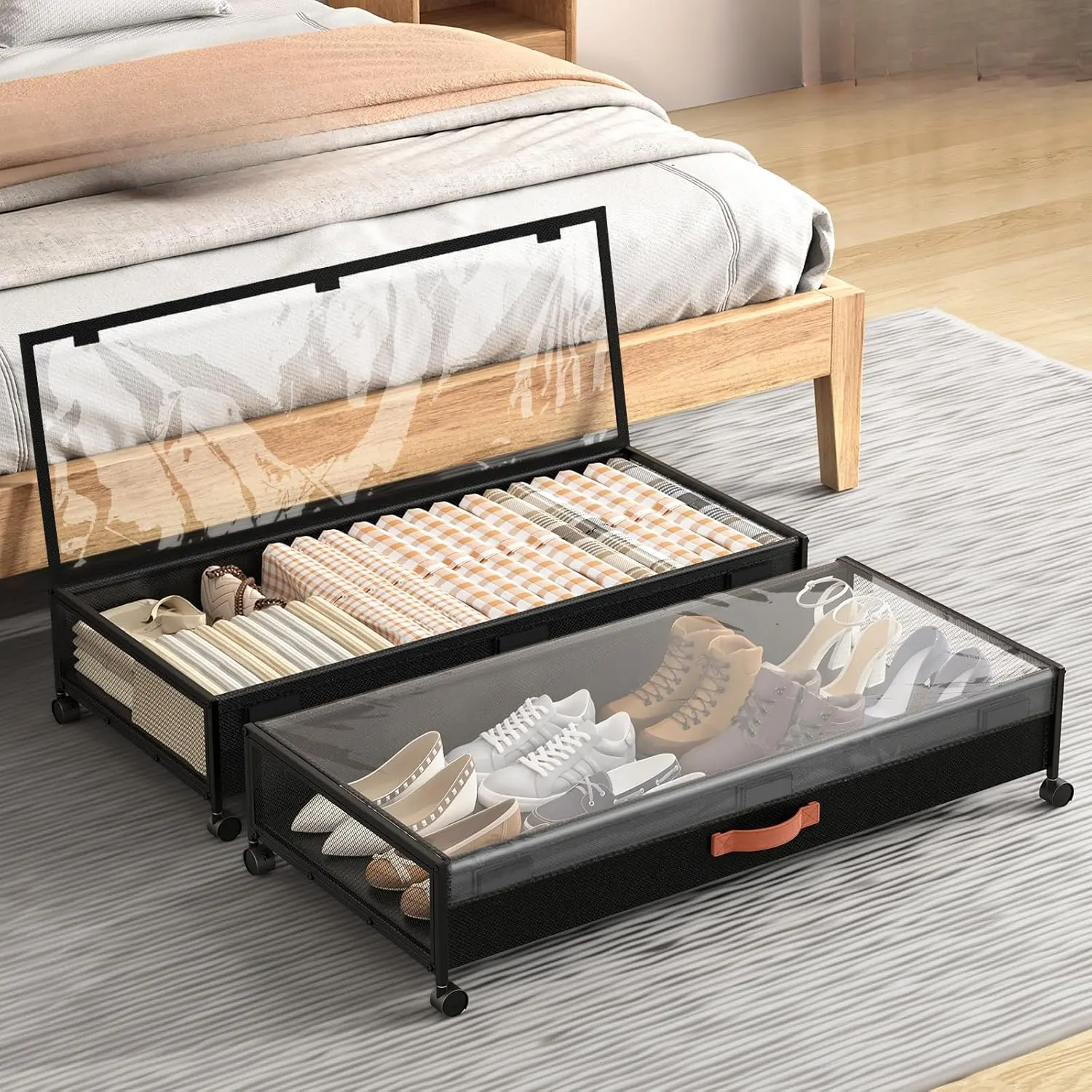 Under Bed Storage Drawers with Wheels, Large Rolling Underbed Organizer for Shoes, Blankets, Clothes & Toys, for Dorm, Bedroom, Nursery, Black 2-Pack, 36"*16.6"*7.48",box