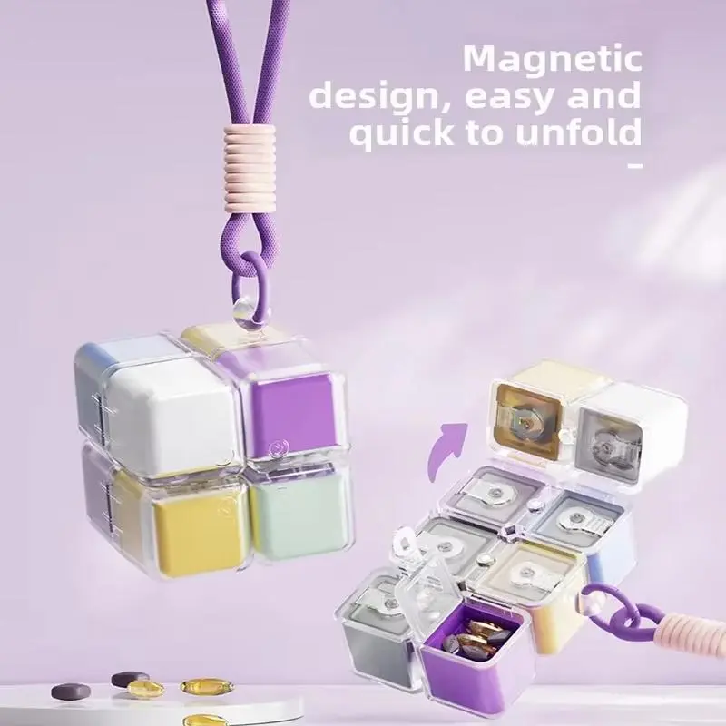 Newest Pill Box with Lanyard 8grid Magic Cube Magnetic Portable Medicine Dispenser Case for Pocket Travel Vitamin Tablet Storage