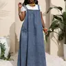 Women's Bohemian Washed Denim Strapless Long Dress, Casual Sleeveless Large Pocket Loose Fit Jeans Workwear Boho Pocket Dress Summer Style