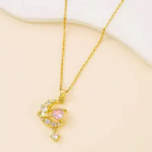 LisiZen New Korean Style Moon Heart Necklace for Women High-End Unique Minimalist Versatile with Pink Zircon Pendant DZXL4126