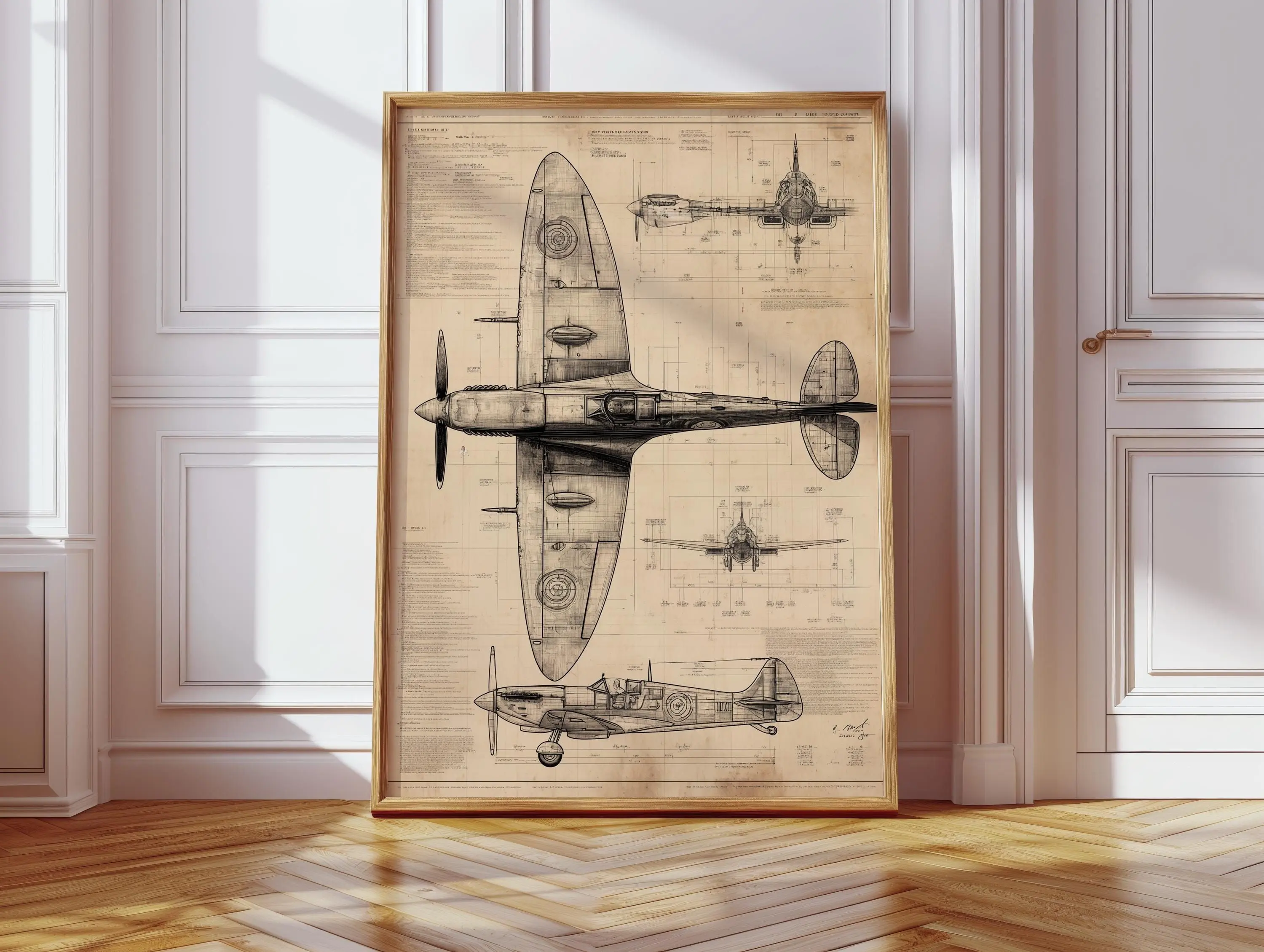 [SALE UP TO 40%] [Unframed] Vintage Spitfire Fighter Jet Blueprint Print, War Art, Retro Airplane Blueprint WW2 Poster