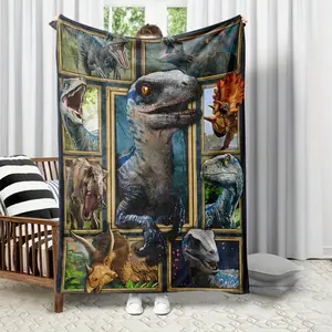 Jurassic World Blue Velociraptor Blanket for Kids - Iconic Raptor Pack Fleece Throw with T-Rex Triceratops Roars & Movie Frames - Super Soft Cozy Dino Bed Blanket for Couch Sofa , Lightweight Warm All-Season Gifts for Boys Girls Birthday Christmas Warm