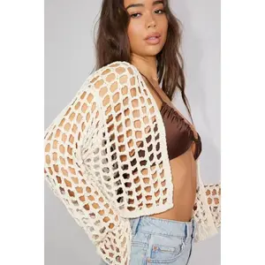 YF Women Cream Open Crochet Knit Cardigan Oversized Long Sleeve Hollow Mesh Short Cover Up for Beach Vacation Streetwear