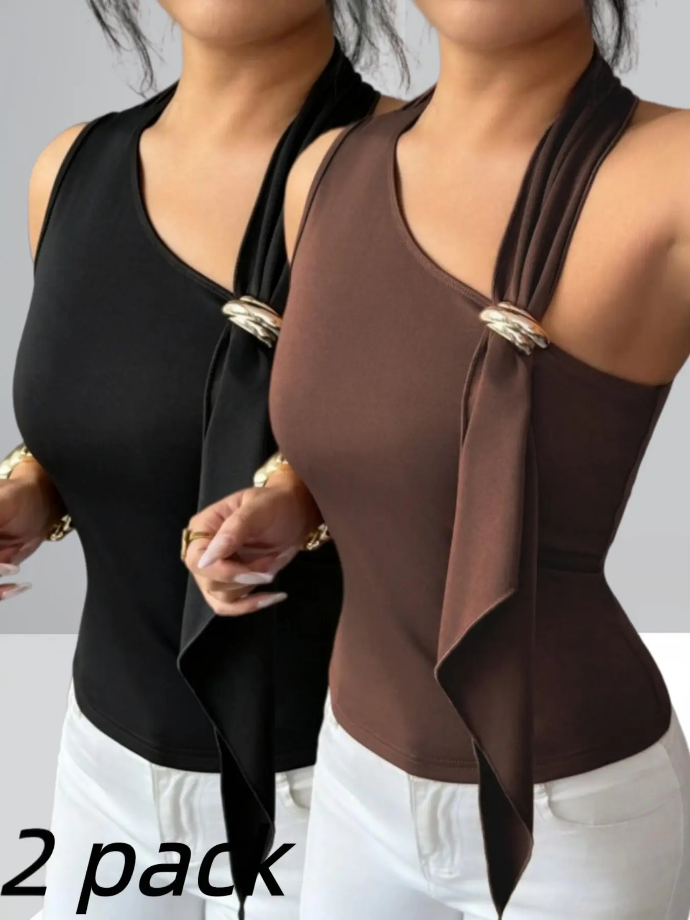Sexy Metal Buckle Halter Top, Sleeveless Slim Fitted Crop Top, Solid Plain Color Casual Style, 2-Pack, Perfect for Summer