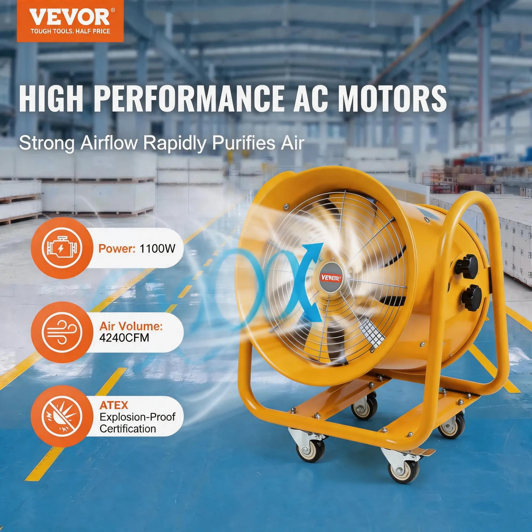 VEVOR 120V Portable Ventilator, 16" Heavy-Duty Cylinder Shop Exhaust Fan, 1100W 4240CFM Industrial Blower, 16.4ft/5m Power Cord (No Charging Head), 3350RPM, 87.74lbs, 27.36×18.90×23.23in Utility Fan for Dust/Smoke (Home/Workplace), 120 V, 16.4 Ft / 5 M