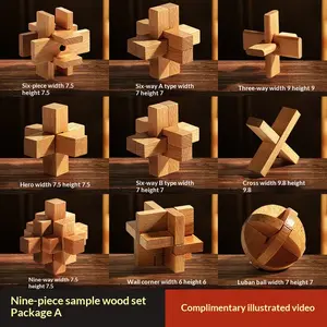 Classic Wooden Brain Teaser Puzzle Set - 9PCS Beech Wood Interlocking Puzzles