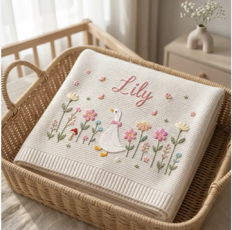[Made-to-Order] Personalized Embroidered Goose Baby Blanket with Name - Custom Floral Knit Newborn Gift for Newborn, Gift for Baby, Baby Keepsake Gift