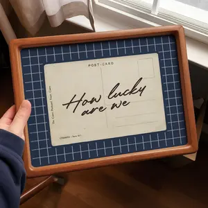 [UNFRAMED POSTER] How Lucky Are We Vintage Postcard Wall Art – Navy Blue Gingham Typography Print, Sentimental Quote Decor, Cozy Old Money