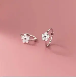 Solid 925 Silver Flower Hoop Huggies, Minimalist Daisy Cartilage Earrings for Girls Daily Wear