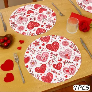 4pcs Romantic Valentine PatternValentine's Day Placemats, Pink Doodle Hearts & Swirls-38.1cm Round Polyester Washable Table Mats for Home,Banquet, Party Dining, Festive Place Settings, Romantic Table Setting, Valentine's Day decoration