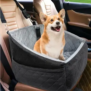Elevated Dog Car Seat - Memory Foam Booster Seat for Small & Medium Dogs up to 35 lbs - Travel Car Seat with Safety Belt & Detachable Washable Cover -Grey