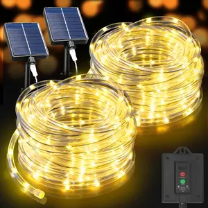 Solar Rope Lights Outdoor 2 Packs Total 600LED 100FT Solar String Light Outside Waterproof with 8 Modes Clear Thin Tube for Pool Patio Garden Fence Camping Yard Deck Trampoline(Warm White)