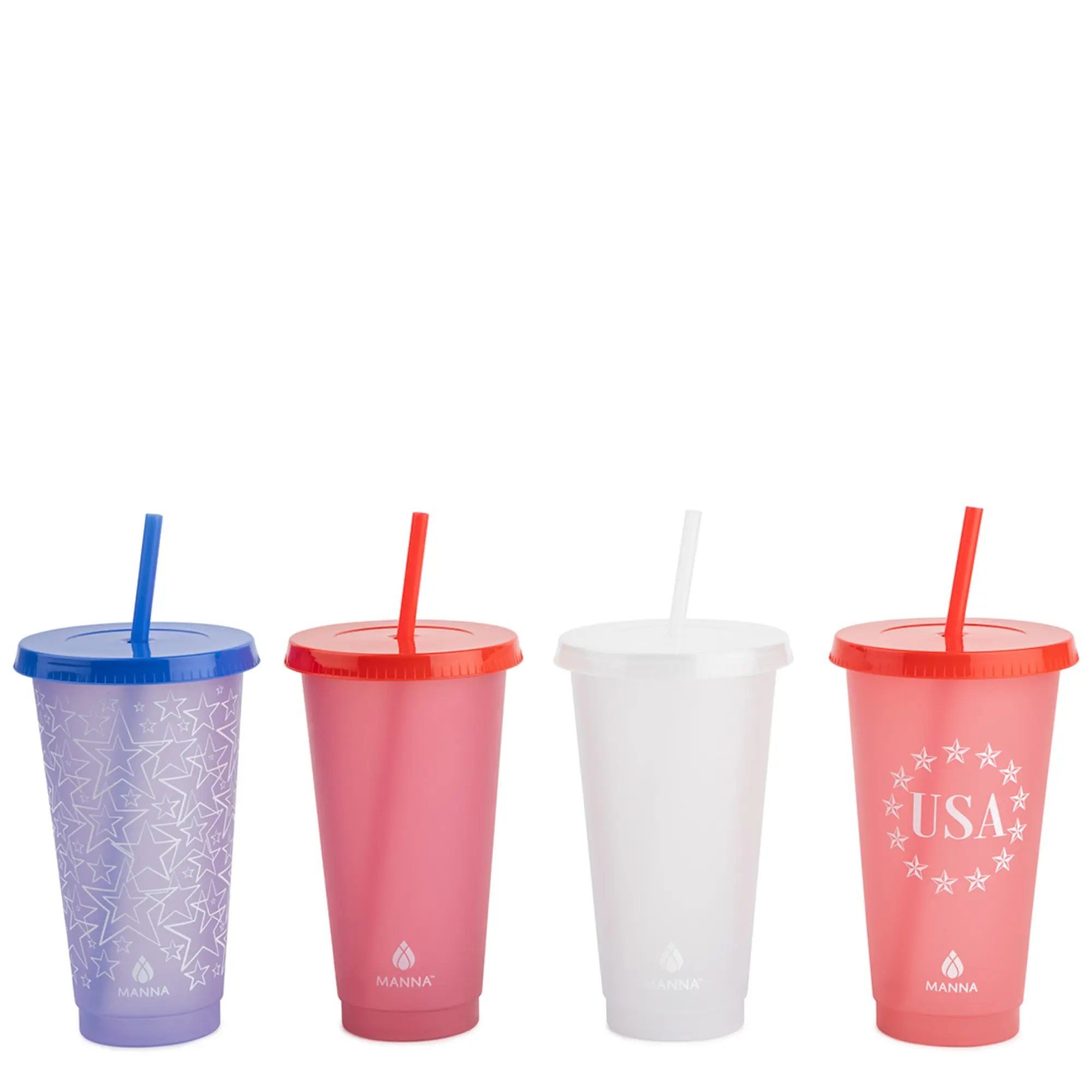 Portable Reusable Plastic Water Bottles (4PK, 24 oz) - Modern Funky Patriotic Printed Color Changing Drinkware with Lids+Straws, Unisex Adults’ Cup Set for Cold Beverage Lovers, Tumbler