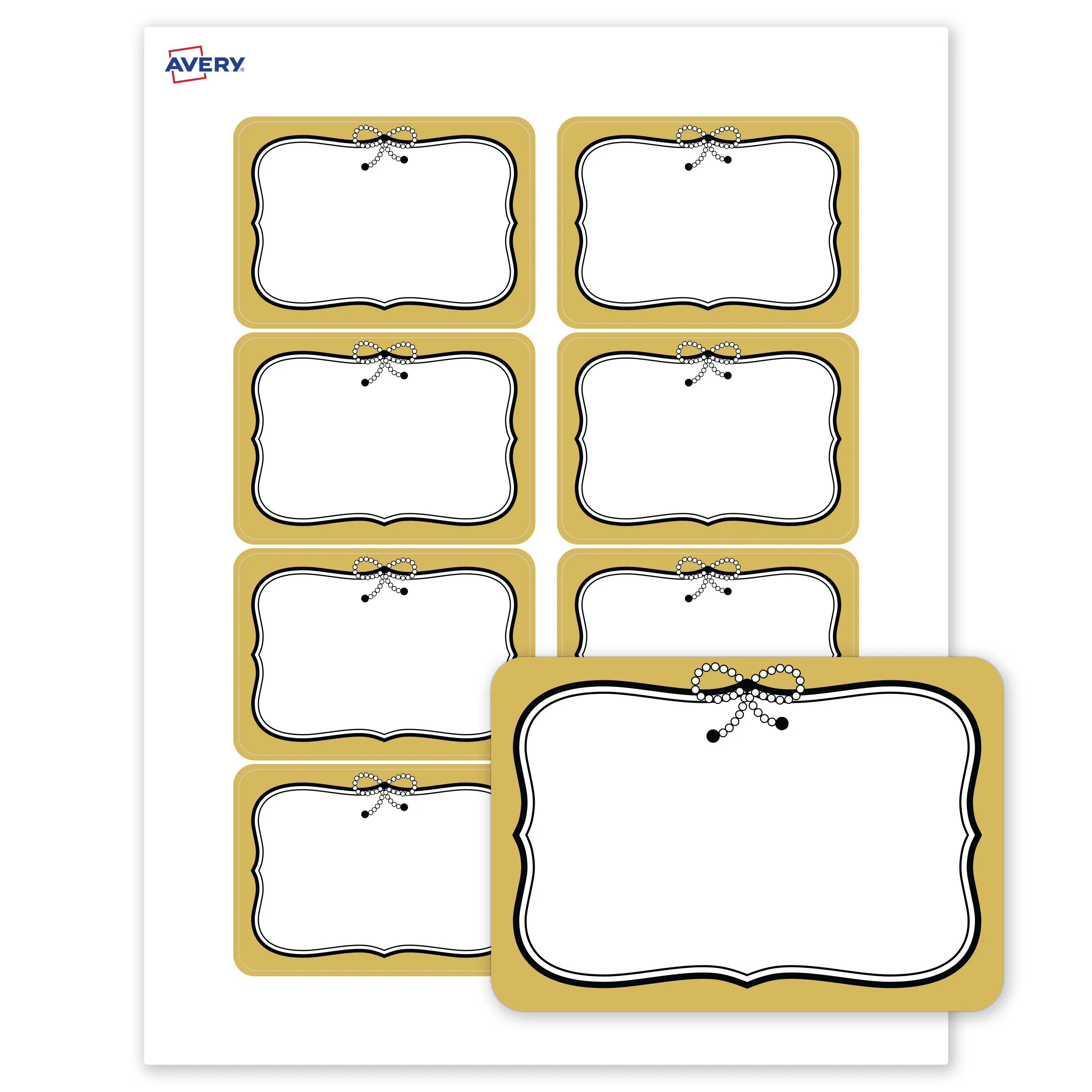 Avery Printable Adhesive Name Tags, 2-1/3" x 3-3/8", Matte White, Pre-printed Metallic Gold Border/Black Bow Design, Laser & Inkjet Compatible, 160 Total