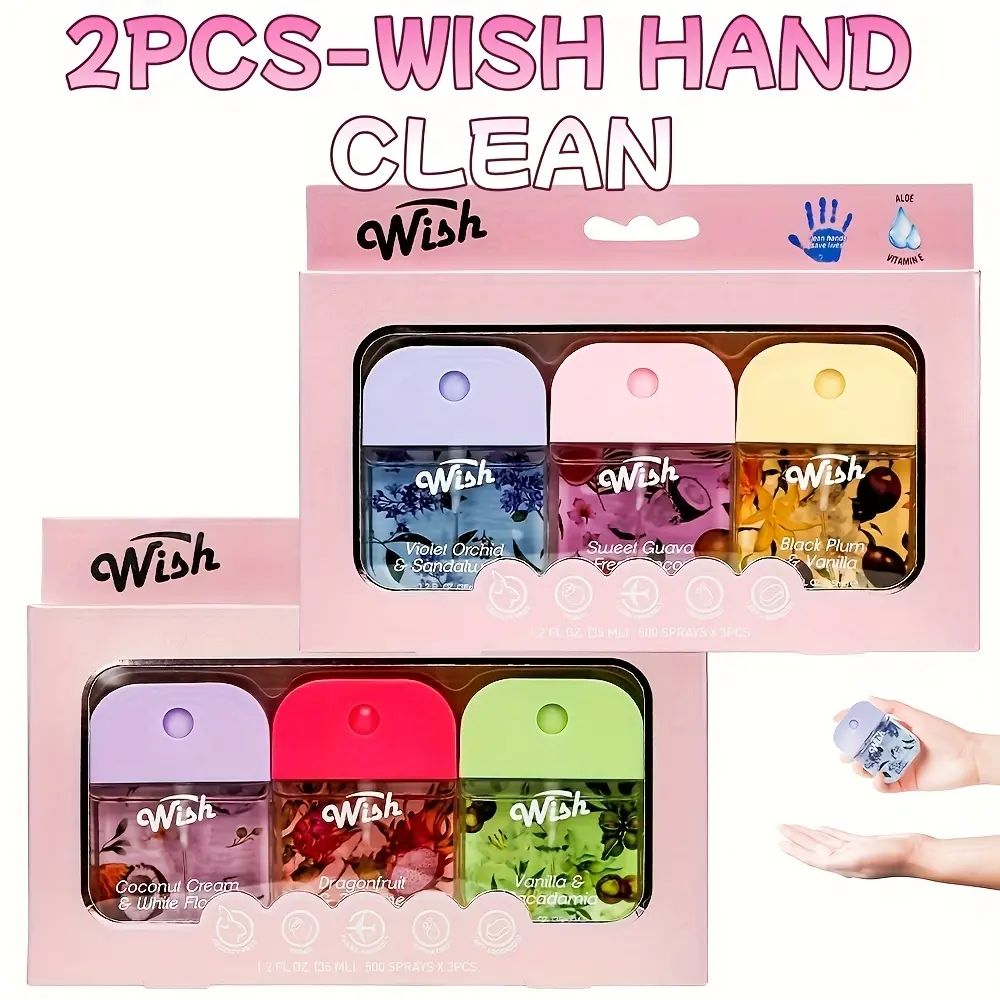 3-piece wish hand cleaning spray, hand sanitizer with 3 scents - violet orchid, black plum, and coconut milk cream. Each bottle can be sprayed up to 500 times