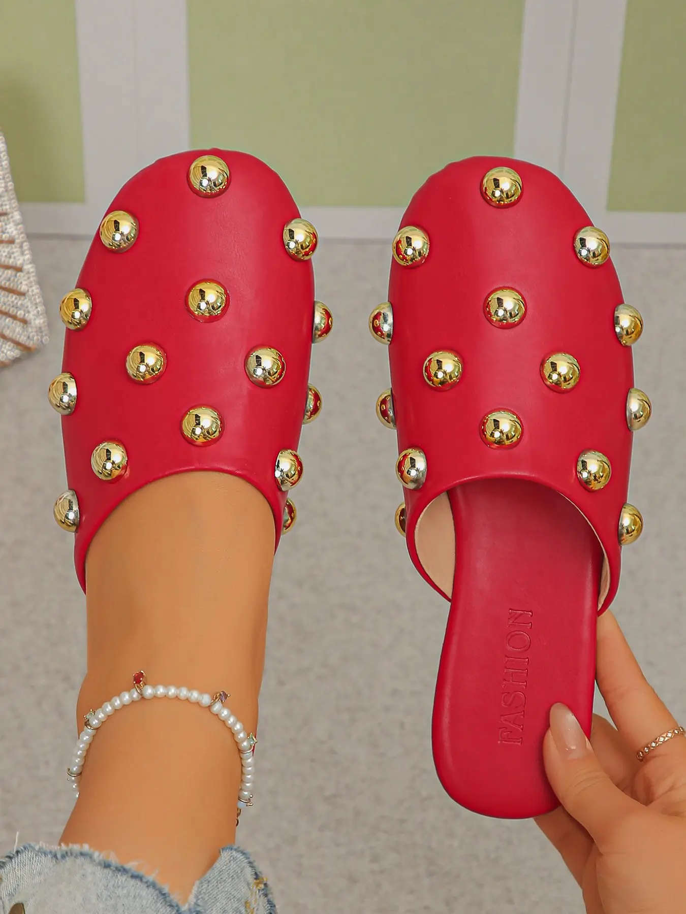 Punk Style Metal Studs Open Toe Slippers, Summer Outdoor Flat Bottom Mules, Vintage Personalized Lazy Half Slipper for Women, Fashion Slippers, Footwear, Slipper Shoes