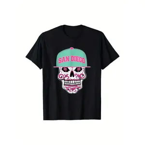 Selected Pure Cotton Men's Short Sleeve T-Shirt - San Diego Mexican Sugar Skull Mint Green Pink SD City Design - Soft, Breathable