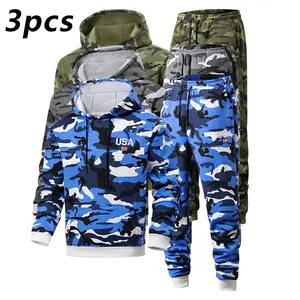 Multi-piece set camouflage embroidered hoodie with drawstring hood, ribbed cuffs, and elastic waistband; comfortable and warm fabric suitable for running, working out, cycling, and other sports