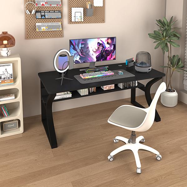 Computer Desk, Computer Desk 55/47in, Office Desk w/Metal Frame & Storage, Office Desk for Study Writing Work Game, Home Office Desk Computer Desks w/Waterproof & Scratch-Resistant Surface, Black