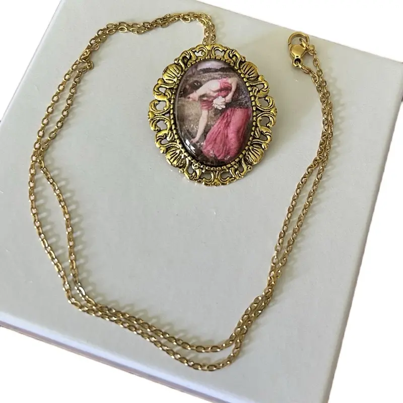 Vintage Inspired Pendant Brooch Necklace-John William Waterhouse "Narcissus" (1912) Picture used within a glass cabochon-Lovely lady picking flowers-Dual purpose-Use as pendant or as brooch