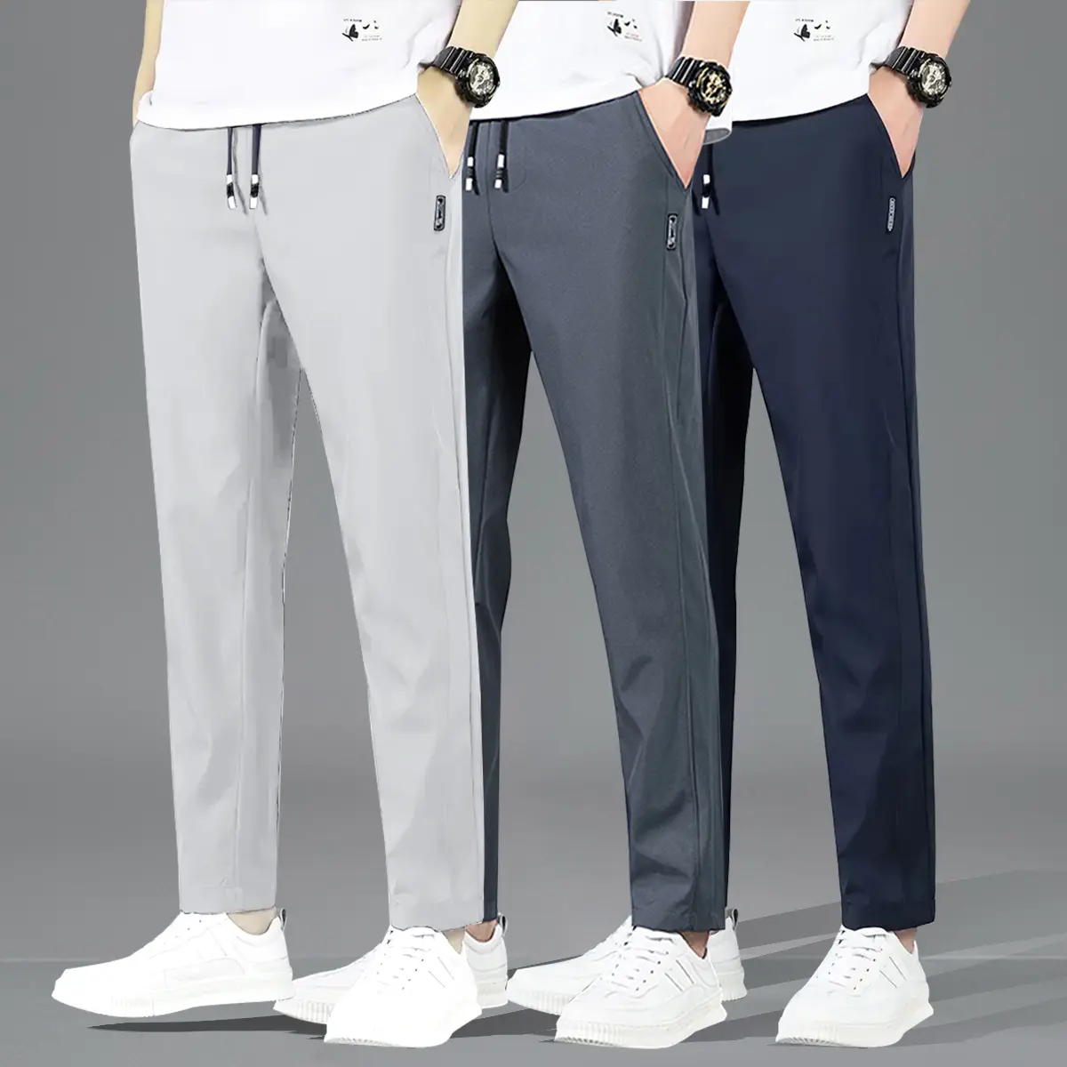 Men's Straight Casual Pants - Close-Fit, Body-Fitting, Form-Fit, Stretch Fabric, Lightweight, Soft, Elastic, Breathable, Regular Length, Pockets, Beige Plain 8807-Q, Menswear for Casual Business All-Season, Casual Men's Pants, Close-Fit Men's Pants
