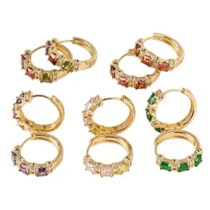 Silver More Women's 14 Karat Gold Plated Huggie Earrings - 2mm Zirconia, 1.5cm Lightweight Hoop Studs with Colorful Gems for Everyday Wear