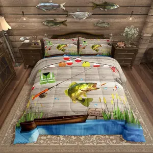 Go Fishing Quilt Set,Rustic Farmhouse Comforter Set,Bass Fishing Bedding Set,Adults Country Cabin Lake Boating Bed Duvet Set,Gifts for Fisherman