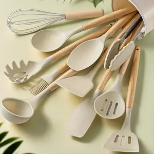 12-piece silicone dining set, non-stick silicone kitchenware with wooden handles - safe and easy to clean - perfect for cooking and baking - essential for schools and dormitories Utensils Spoons Home